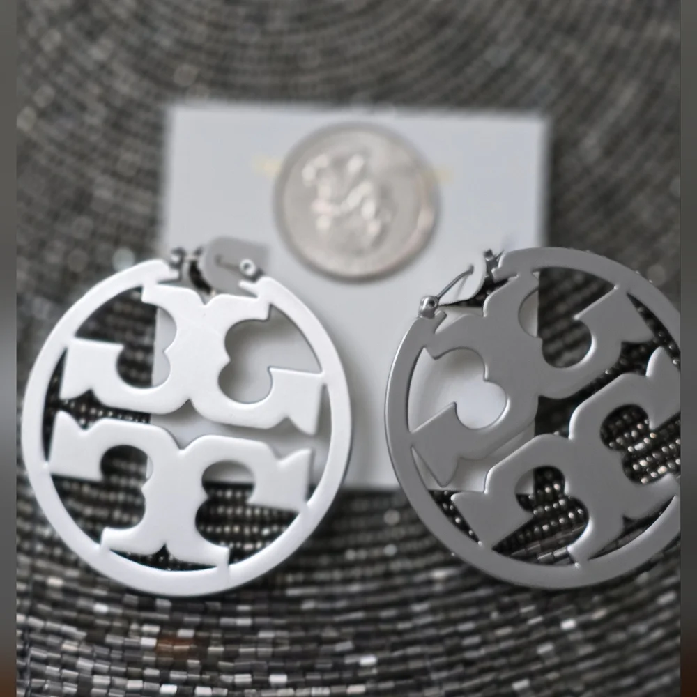 Tory Burch Miller Silvertone Logo Hoop Earrings